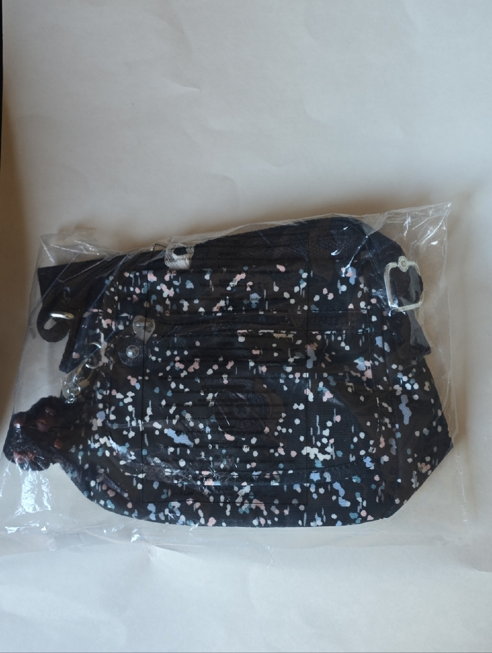 Kipling Sabian Black Sprinkled Dots  Crossbody with Pink, Grey & White Speckles